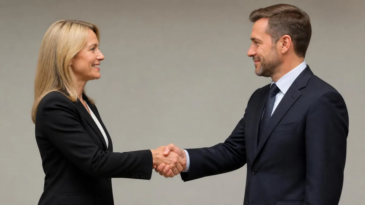 A woman and a man in business suits shaking hands against a neutral background, comparing the strengths of Nordic and American leadership