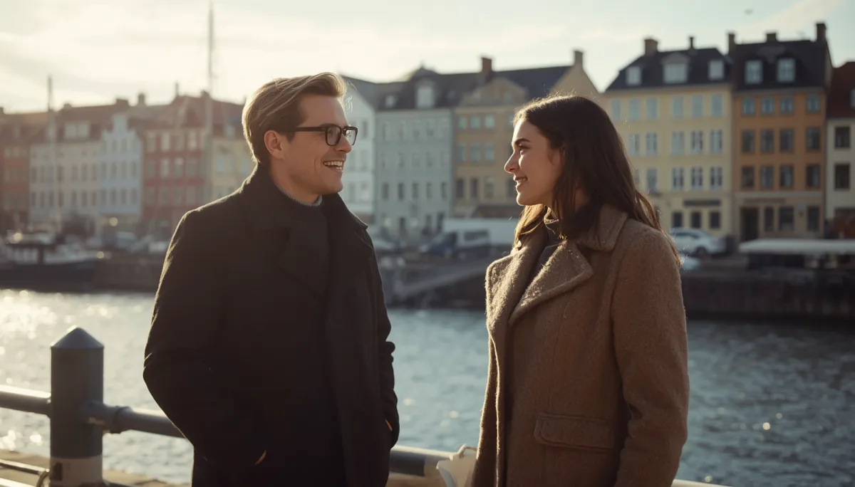 Two Nordic professionals in wool coats talking on a sunlit Scandinavian harbor waterfront with pastel townhouses behind them