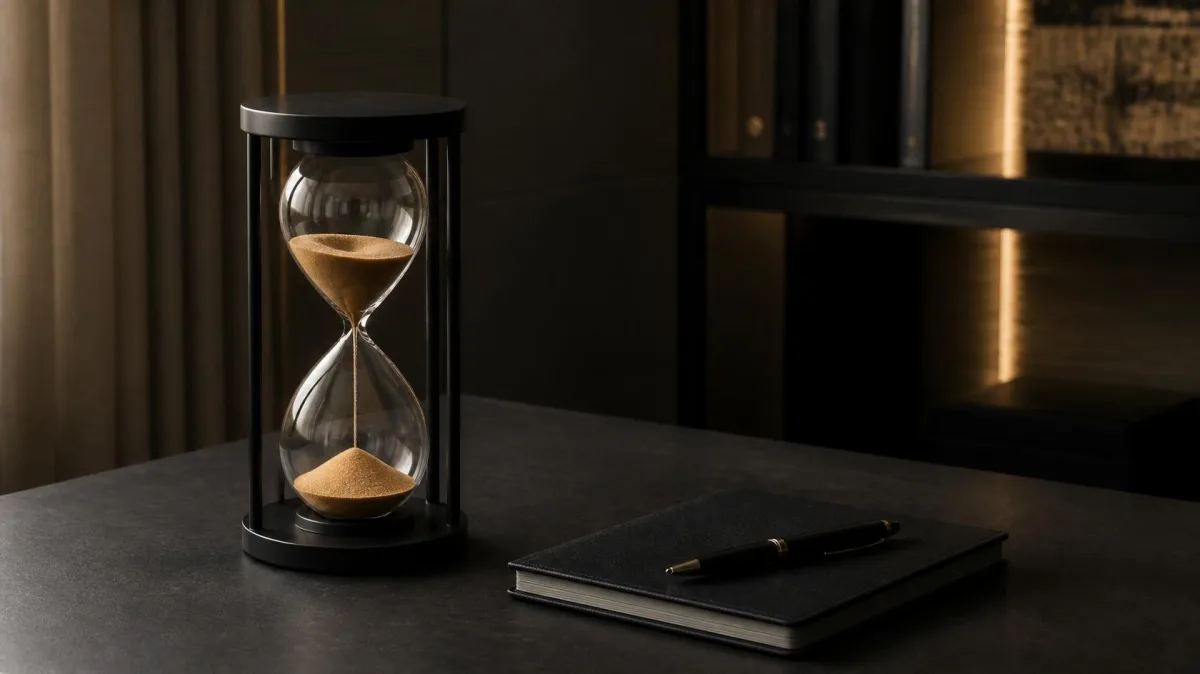 A black sand timer with golden sand beside a notebook and pen on a dark desk, evoking a focused one-on-one meeting agenda and the one-problem rule