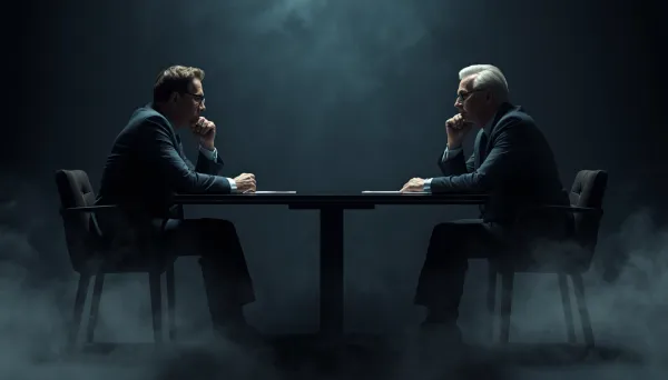 Two business leaders in suits sitting across a table in a focused one-on-one meeting, dramatic low-key lighting