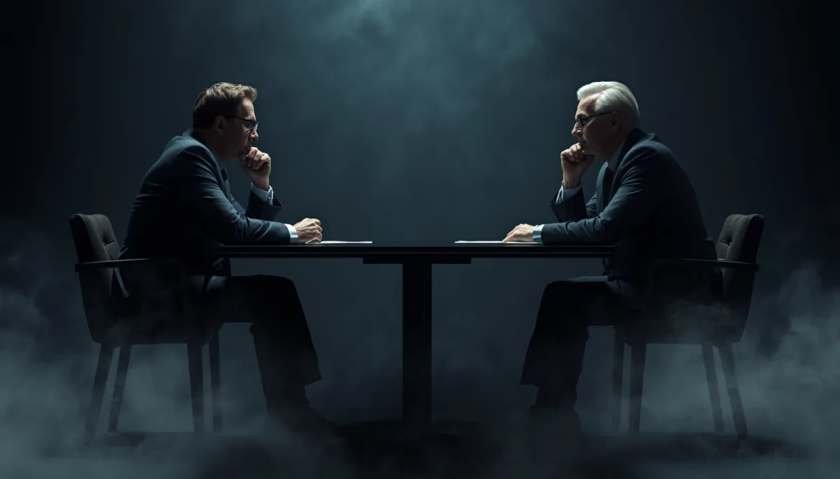Two business leaders in suits sitting across a table in a focused one-on-one meeting, dramatic low-key lighting