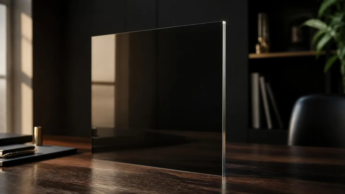A dark smoked-glass panel catching light on a polished wood desk beside a notebook, evoking reflective one-on-one meeting questions that grow people