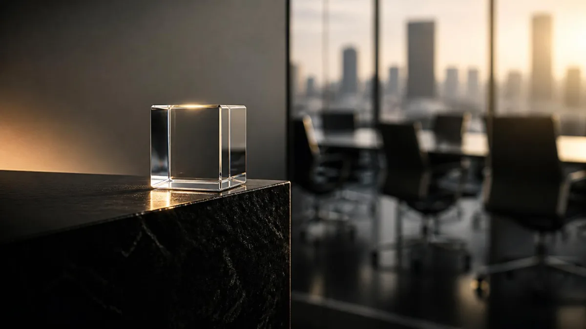 A glowing glass cube on the edge of a black obsidian block with a blurred boardroom and city skyline behind, evoking a minimalist one-on-one meeting template