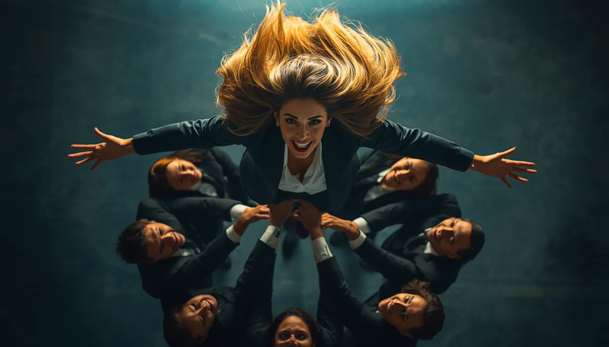 Businesswoman lifted by her team of colleagues, symbolizing career growth from one-on-one meetings with a manager