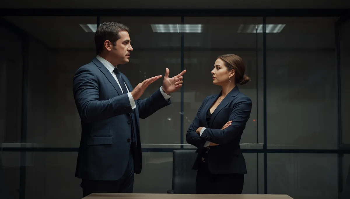 Manager gesturing while coaching a focused executive with arms crossed in a glass-walled office, illustrating a one-on-one meeting that grows people