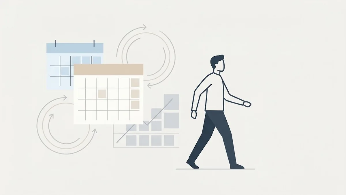 Minimalist illustration of a man walking forward beside two calendar pages, circular arrows and a rising bar chart, illustrating operational leadership and the weekly system behind it