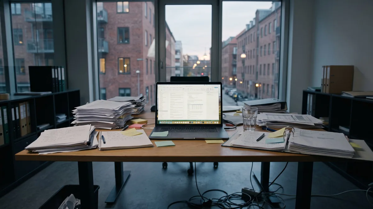 Desk piled with paper stacks, binders and sticky notes around an open laptop, showing a company with no operations manual
