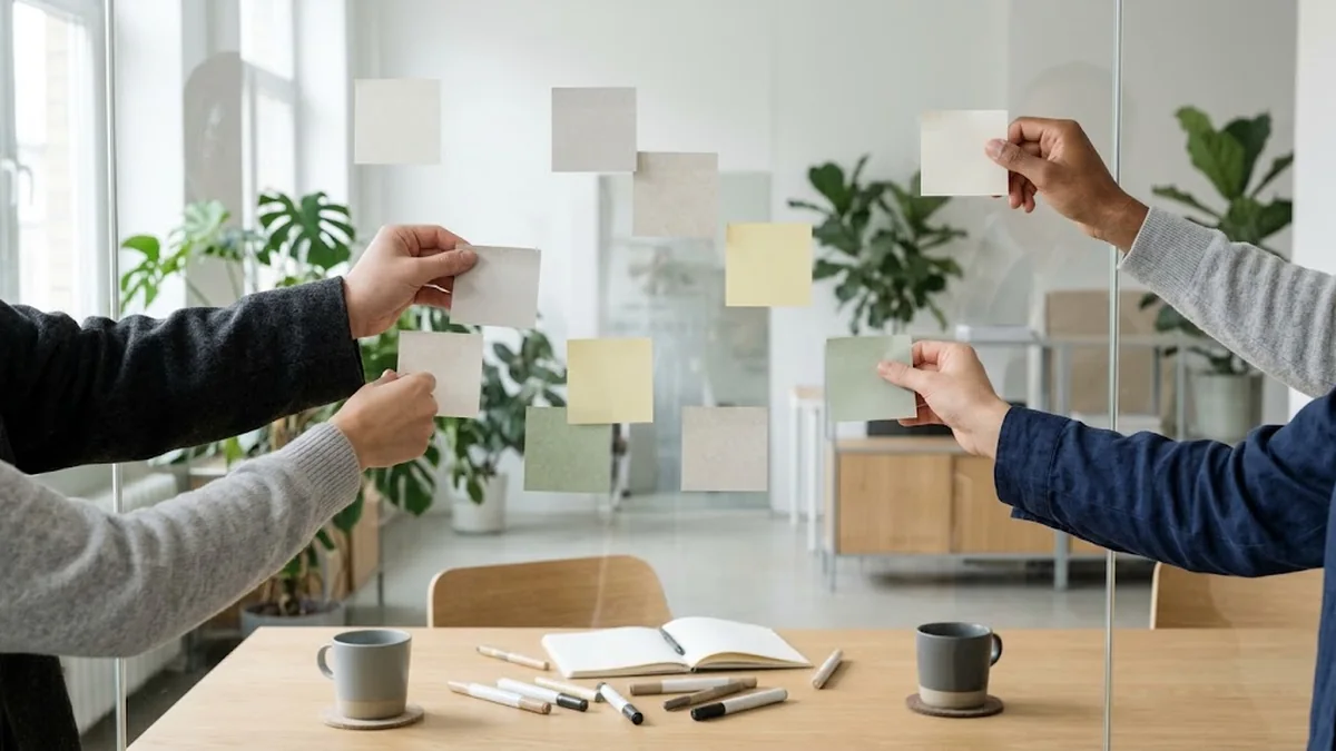 Four hands from different people placing pastel sticky notes on a glass wall above an oak table with markers, a notebook and two mugs, illustrating the participative leadership style of gathering team input before a decision