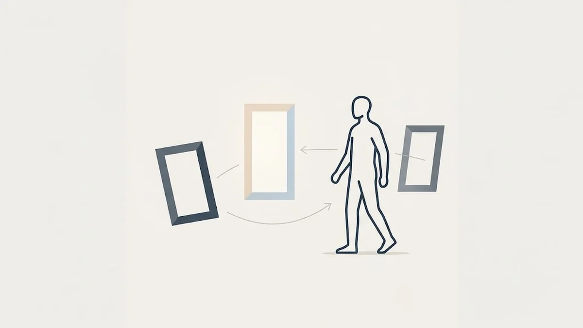 Minimalist line illustration of a person walking between three empty rectangular frames connected by arrows, one upright and two tilted, illustrating the People Analyzer and moving the right person out of a wrong seat