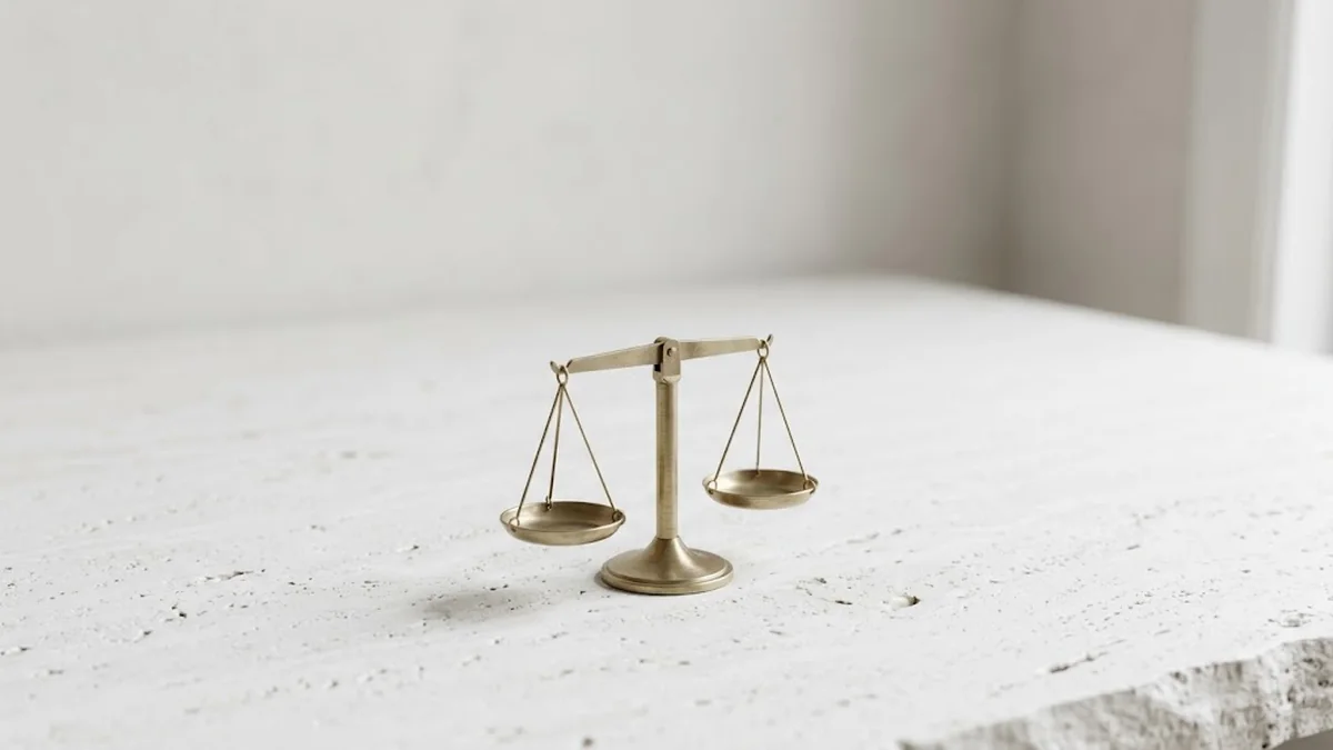 A small brass balance scale on a white travertine surface in soft daylight, illustrating employee rights during a performance improvement plan
