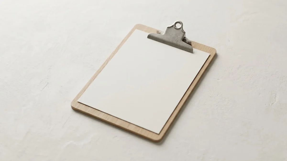 A pale wood clipboard holding a blank sheet of paper under a metal clip on a white plaster surface, illustrating a performance improvement plan template ready to fill in