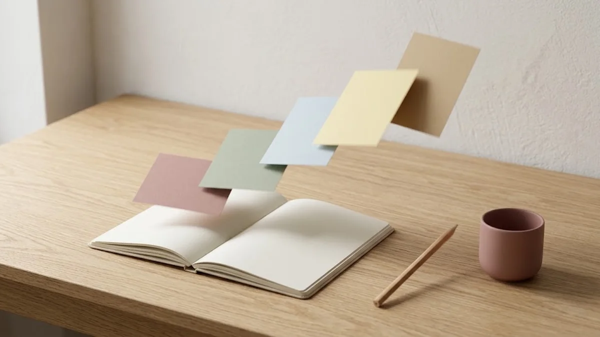 Five pastel cards rising in a line from an open blank notebook on an oak desk beside a pencil and a clay cup, illustrating how to prepare for a skip-level meeting as an employee