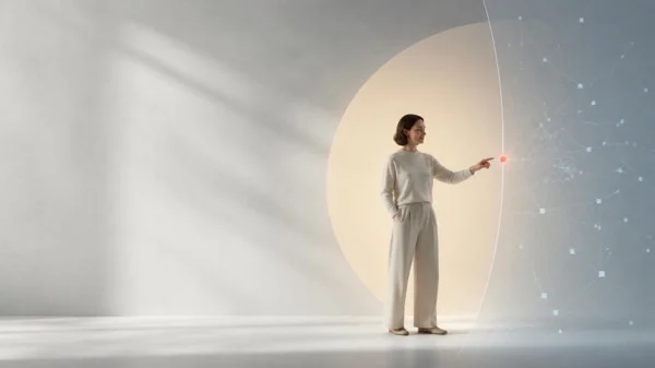 A woman in cream touching a glowing node connected to a digital network inside a warm, minimal circular-lit room, illustrating psychological safety in AI adoption