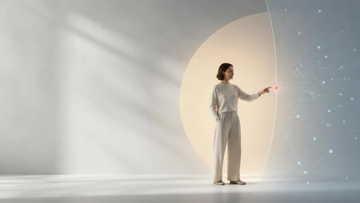 A woman in cream touching a glowing node connected to a digital network inside a warm, minimal circular-lit room, illustrating psychological safety in AI adoption