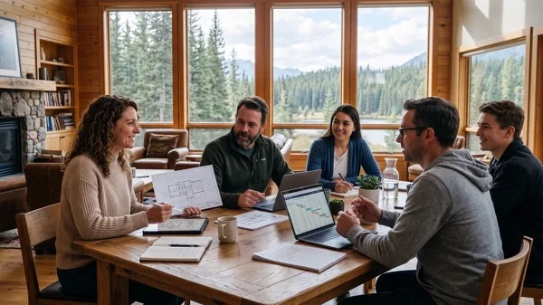A team meeting around a wooden table in a lakeside cabin, reviewing plans and project timelines on laptops, illustrating psychological safety examples from real teams