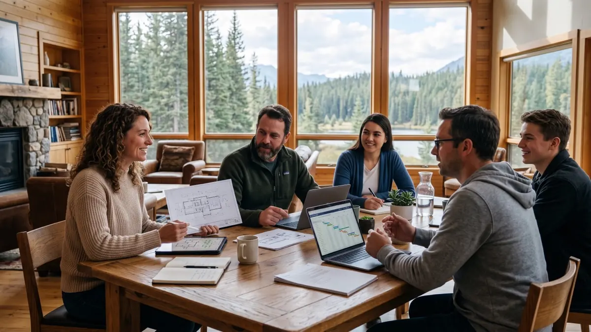 A team meeting around a wooden table in a lakeside cabin, reviewing plans and project timelines on laptops, illustrating psychological safety examples from real teams