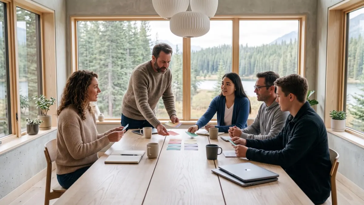 A leader handing colored cards to colleagues around a wooden table in a lakeside cabin, running a psychological safety exercise