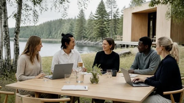 Five colleagues collaborating with laptops around a light wooden table by a Nordic lake beside a minimalist cabin, illustrating psychological safety in the workplace