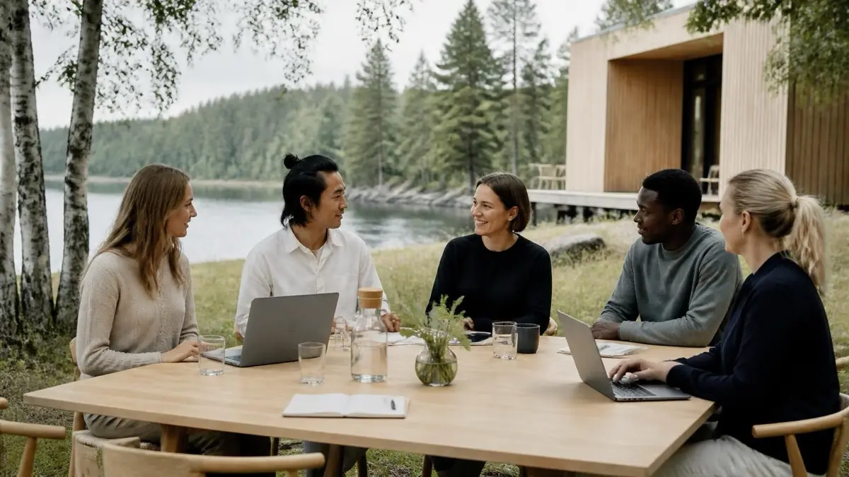 Five colleagues collaborating with laptops around a light wooden table by a Nordic lake beside a minimalist cabin, illustrating psychological safety in the workplace