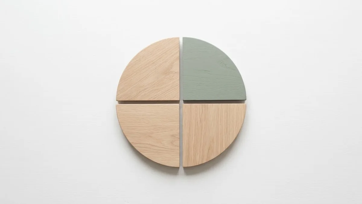 A wooden circle cut into four quarters on a white surface, three in pale oak and one painted sage green, illustrating quarterly planning for a leadership team one quarter at a time