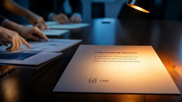A project ownership agreement lit by a desk lamp on a dark boardroom table, with a ticked I DO box, while several hands point at other papers nearby, illustrating responsibility vs accountability and the one person who owns the outcome