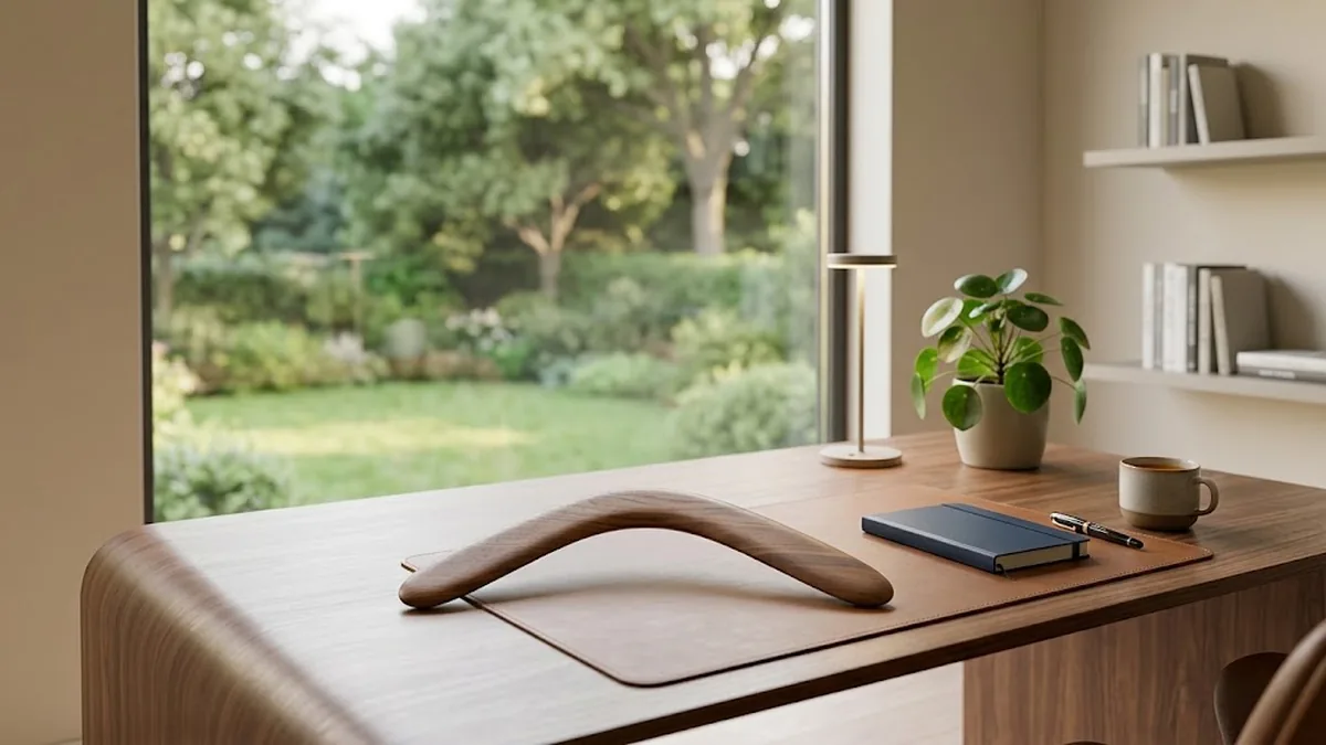 A wooden boomerang resting on a walnut desk beside a notebook, a pen and a coffee cup, with a garden behind the window, illustrating reverse delegation, the handed off task that comes back to the manager