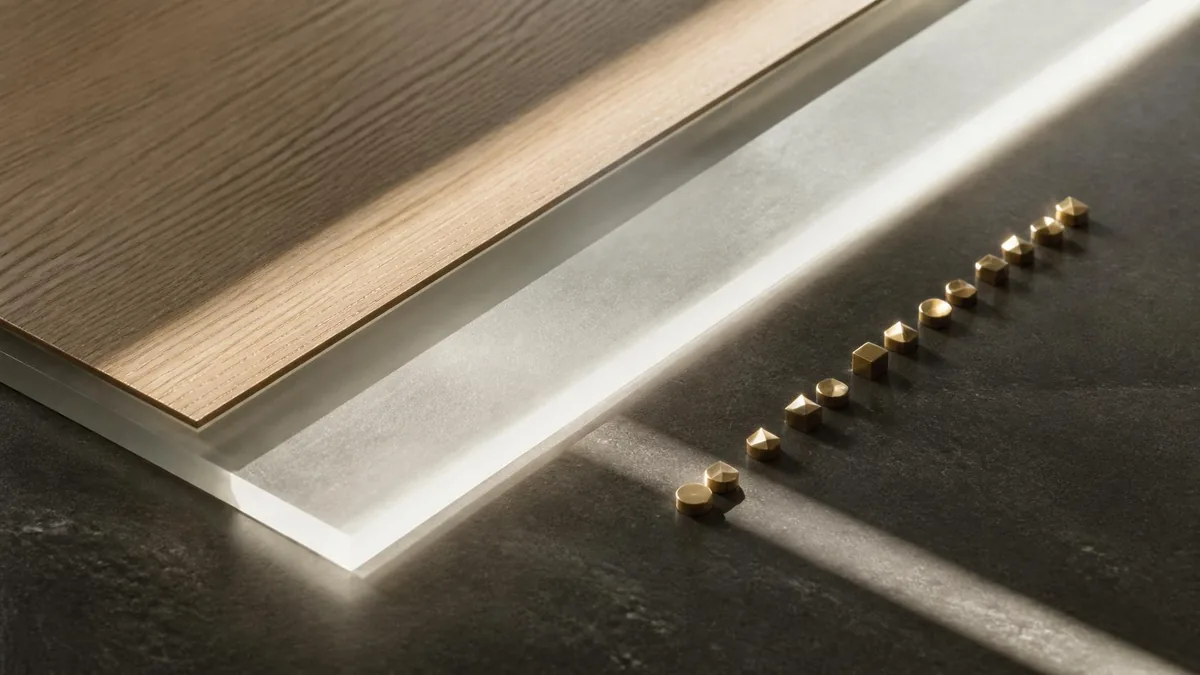 A sheet of oak resting on a frosted glass slab beside a row of small brass pieces on dark stone, illustrating the Scaling Up One Page Strategic Plan and the Rockefeller Habits