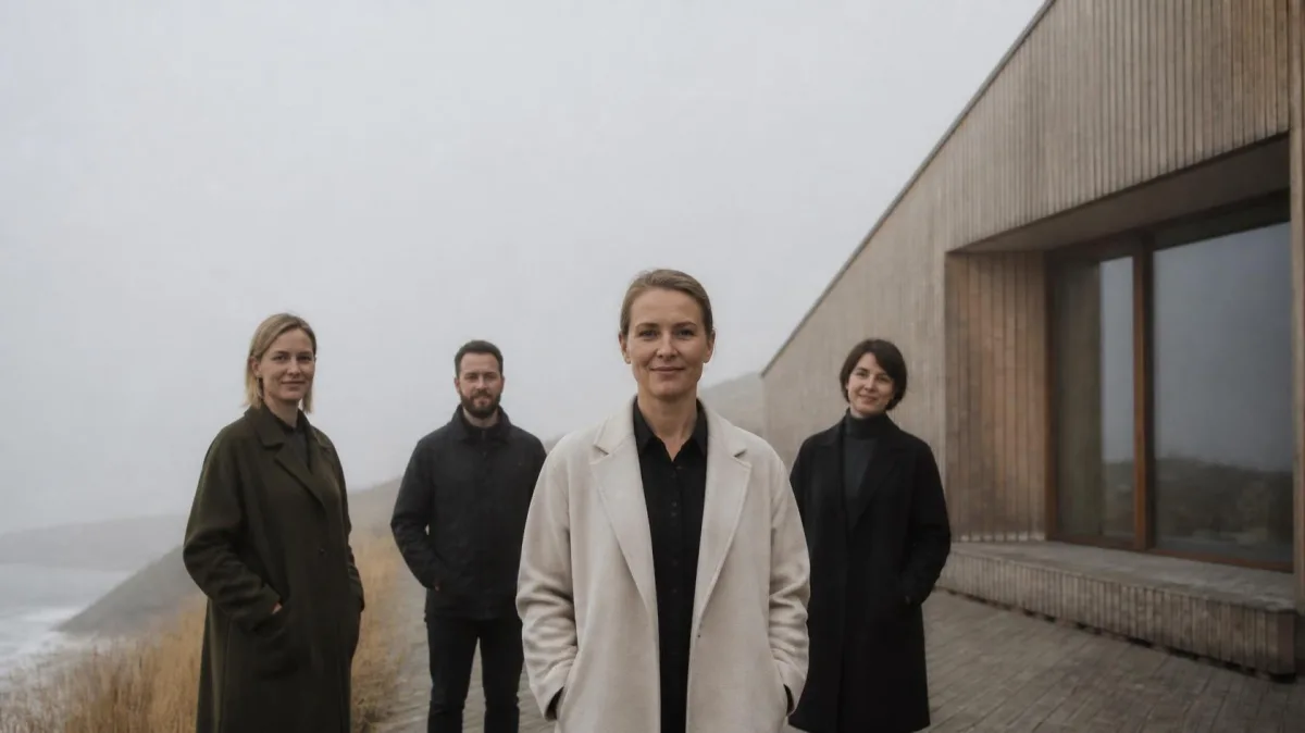 Female leader and team standing before modern Scandinavian wooden architecture in misty light, illustrating the flat-hierarchy Scandinavian leadership model