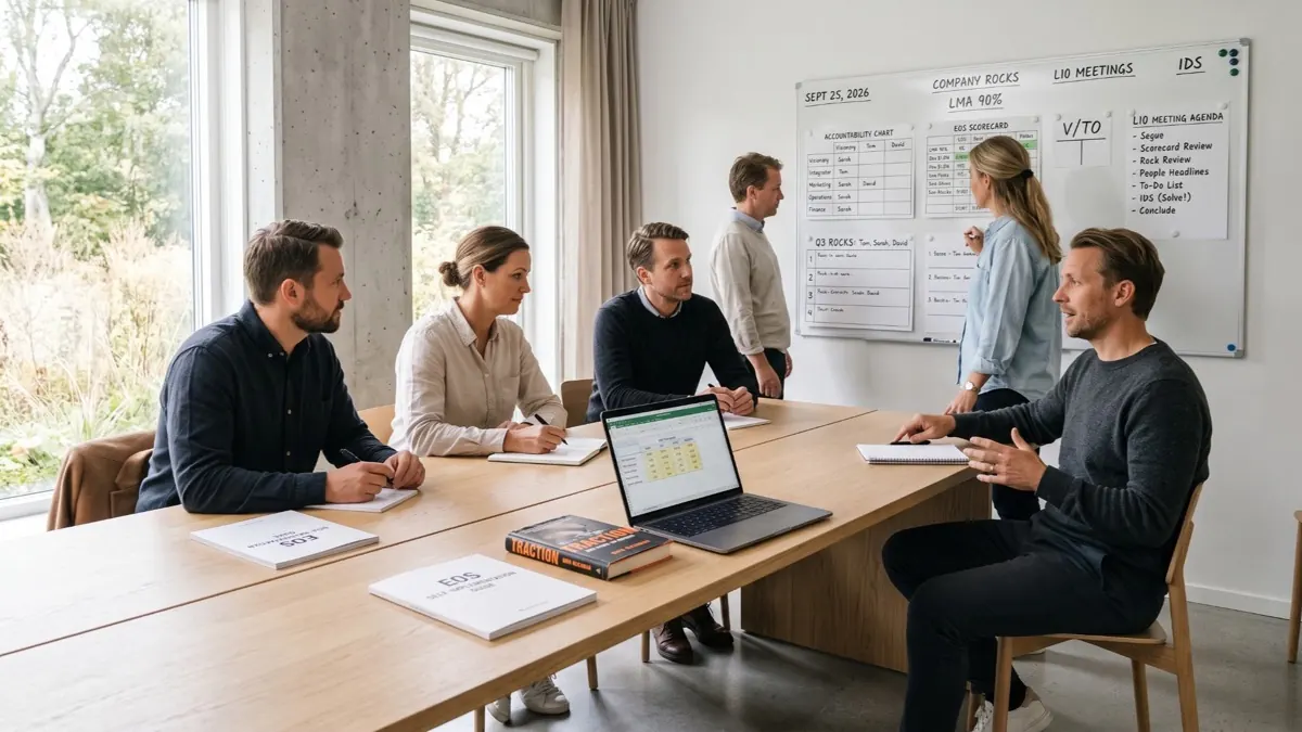 A team running an EOS Level 10 meeting at a wooden table in a bright Nordic office, with an Accountability Chart, Scorecard, Rocks and L10 agenda on a whiteboard and the Traction book and EOS self-implementation guide on the table