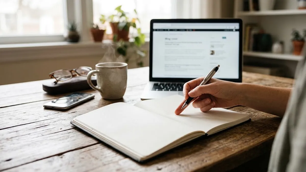 A hand holding a pen over a blank open notebook on a rustic wooden table beside a laptop, a steaming mug, glasses and a phone, illustrating a founder parking new ideas on a list to manage shiny object syndrome
