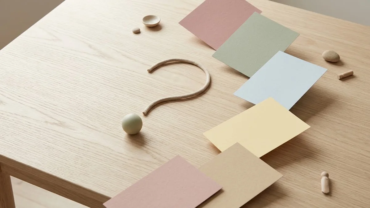 A question mark formed from a curl of rope and a sage green ball on a pale oak table beside a fan of pastel cards, illustrating skip-level meeting questions for both sides of the table