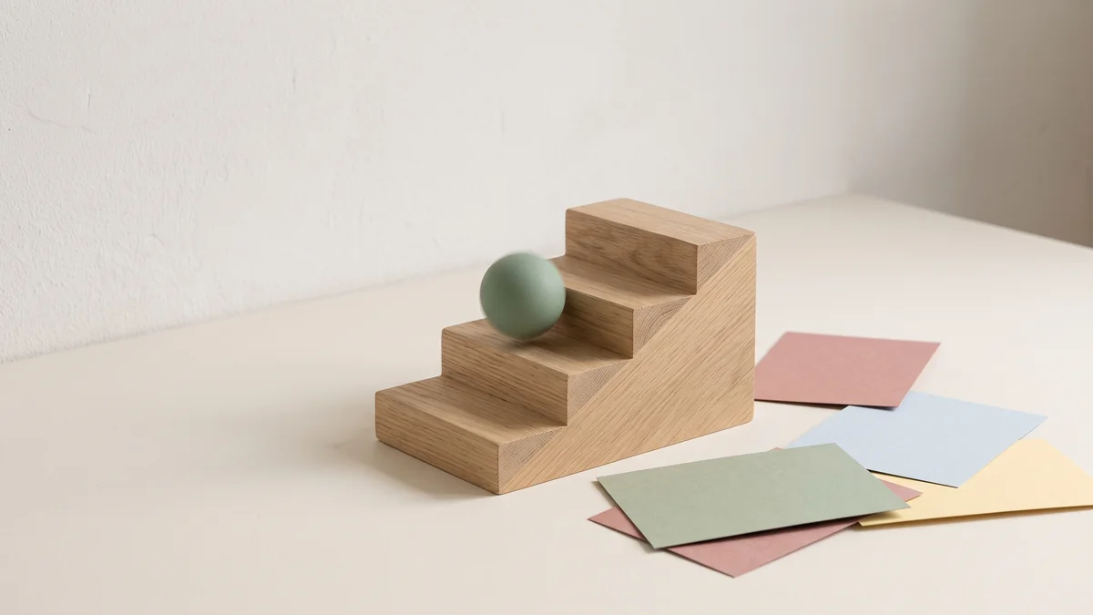 A sage green ball bouncing over a step on a small oak staircase beside a fan of pastel cards on a cream table, illustrating a skip-level meeting template that reaches past one level of management