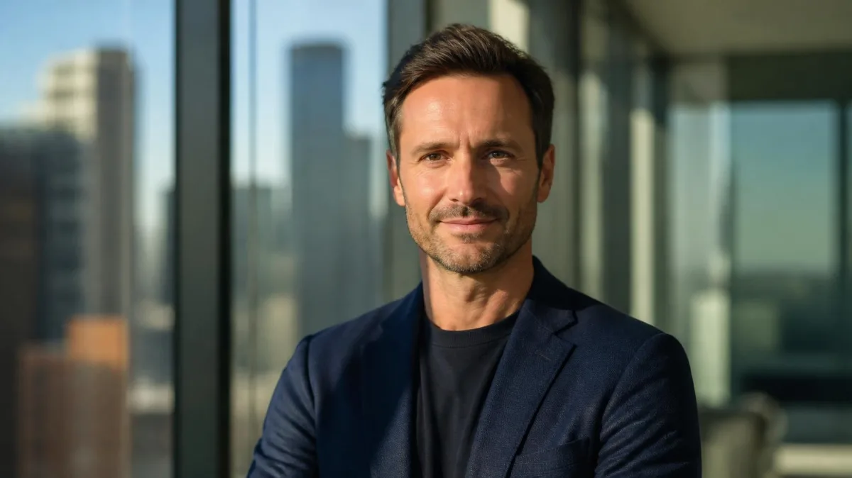 Confident founder in a navy blazer in a modern glass office with a blurred city skyline behind him, on what startup CEOs need from coaching