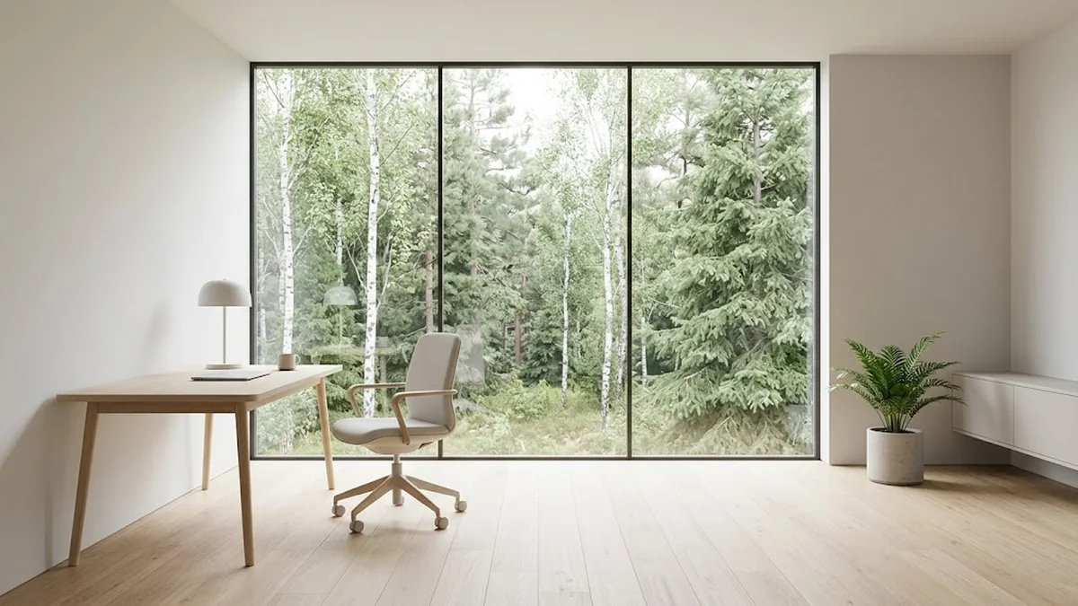 An empty pale oak desk with a lamp and a swivel chair in a bright minimalist room with a floor-to-ceiling window onto a birch and pine forest, illustrating the neutral outside room a strategic planning facilitator brings a leadership team into