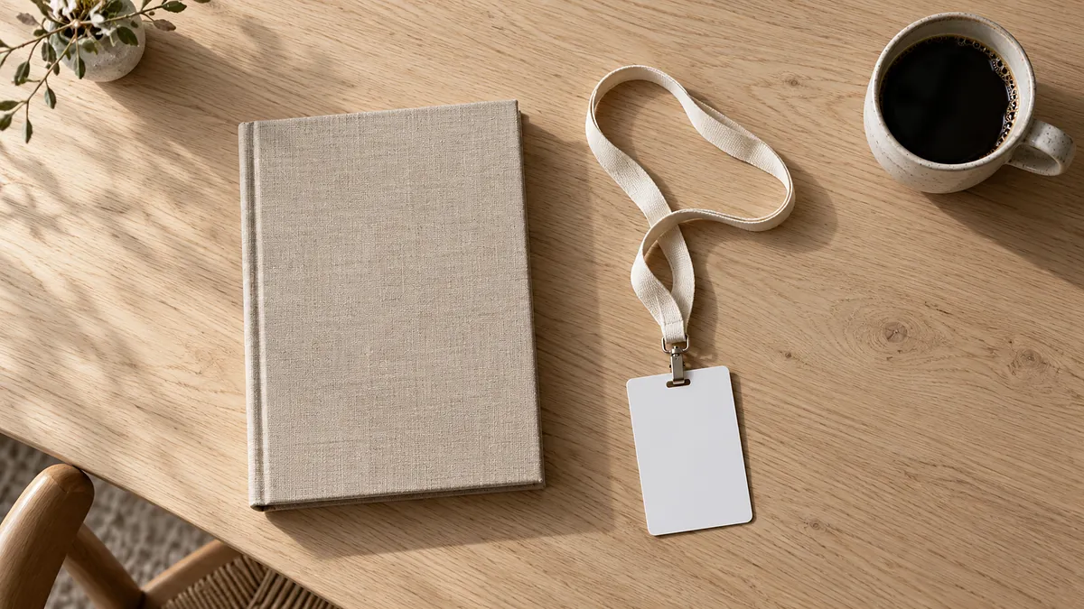 A linen workbook, a blank event lanyard and a cup of black coffee on a pale oak table, illustrating a business seminar