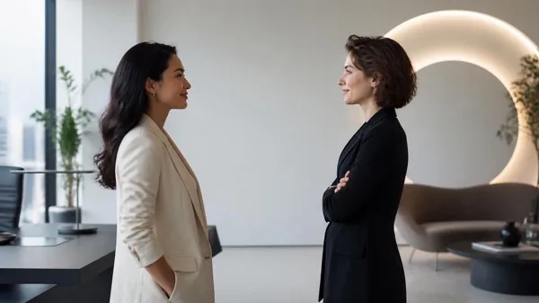 Two women leaders standing face to face in conversation in a minimalist modern office, illustrating a transactional leadership exchange