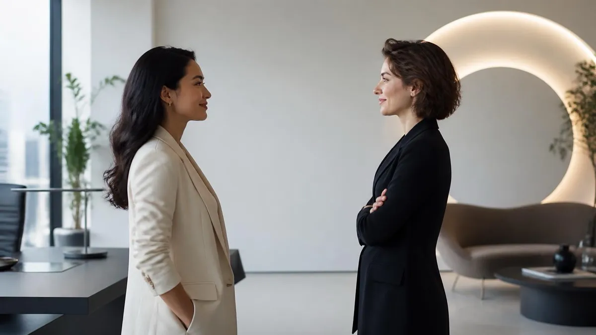 Two women leaders standing face to face in conversation in a minimalist modern office, illustrating a transactional leadership exchange