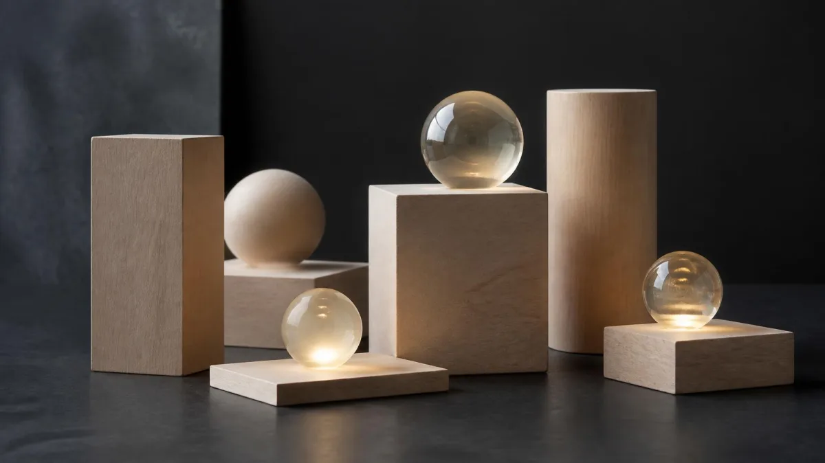Matte light-wood blocks and glowing glass spheres arranged on a dark surface, evoking trust-based leadership and high-autonomy teams