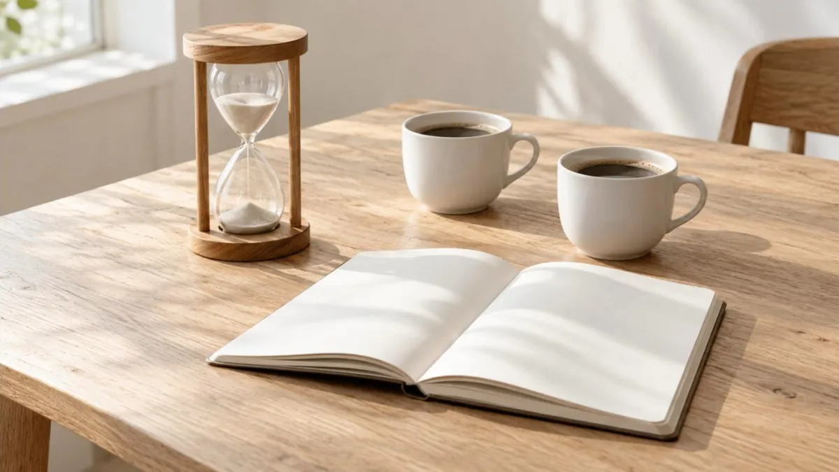 A single sheet of paper on an oak table between two coffee cups and a closed laptop, illustrating the written output of a two hour advisory session