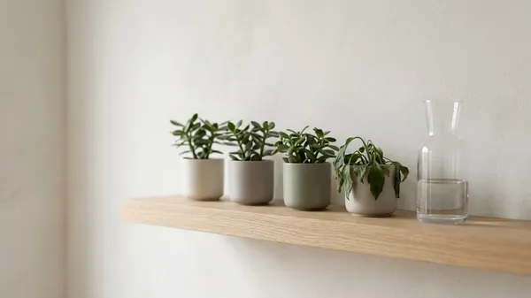 Four small potted plants in a row on a pale oak shelf, three upright and healthy and one wilting, beside a glass carafe of water, illustrating an underperforming employee on an otherwise healthy team and the help to offer before a PIP
