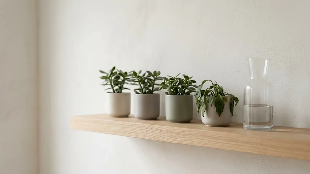 Four small potted plants in a row on a pale oak shelf, three upright and healthy and one wilting, beside a glass carafe of water, illustrating an underperforming employee on an otherwise healthy team and the help to offer before a PIP