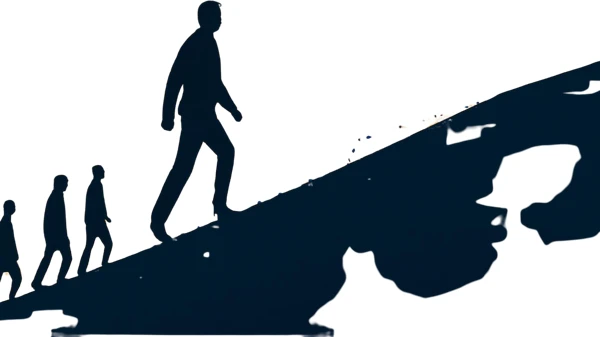 Editorial illustration of a lone leader walking up an ascending path toward a glowing horizon with a small group following, illustrating visionary leadership