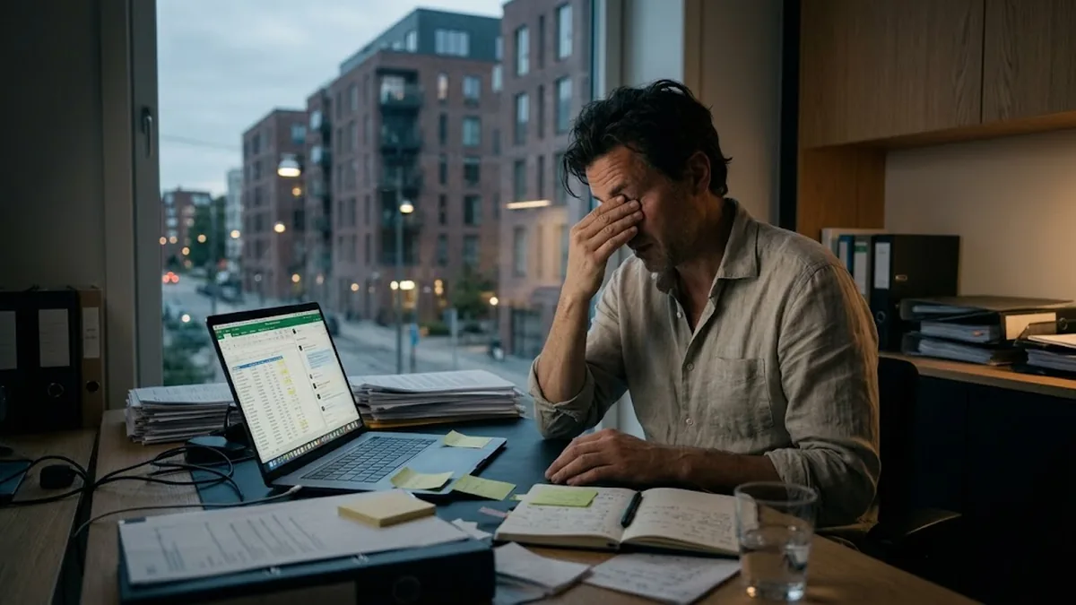 Visionary founder stuck in operations, rubbing his eyes at a desk piled with spreadsheets, paperwork and sticky notes