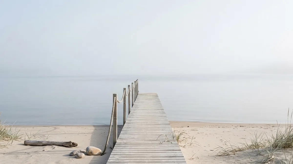 A weathered wooden boardwalk with a rope handrail leading from a sandy beach out over calm water into a misty horizon, illustrating the Visionary who sees where the company is going and the Integrator who builds the path there