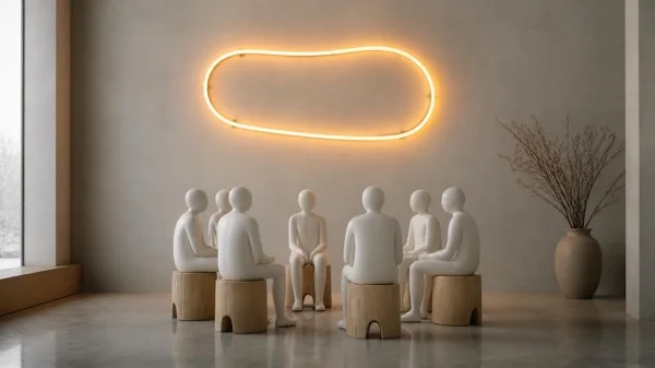 Six abstract white figures seated in a circle on wooden stools beneath a glowing amber sign, illustrating a Vistage peer advisory group