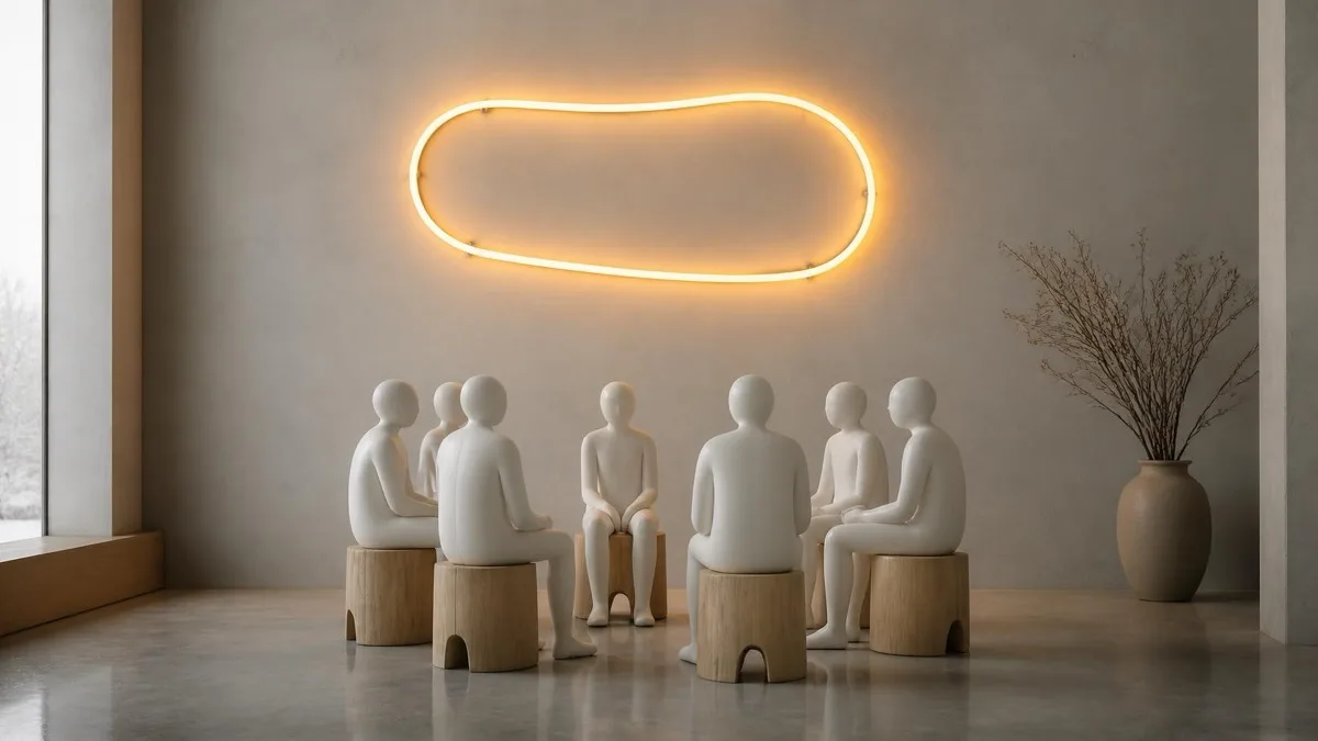 Six abstract white figures seated in a circle on wooden stools beneath a glowing amber sign, illustrating a Vistage peer advisory group