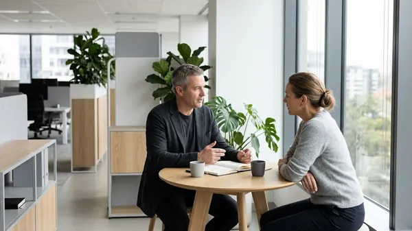 A man in a dark blazer talking with a woman in a grey sweater across a small round oak table with two cups and an open notebook in a bright office, illustrating a one-to-one session between a Vistage executive coach and a member
