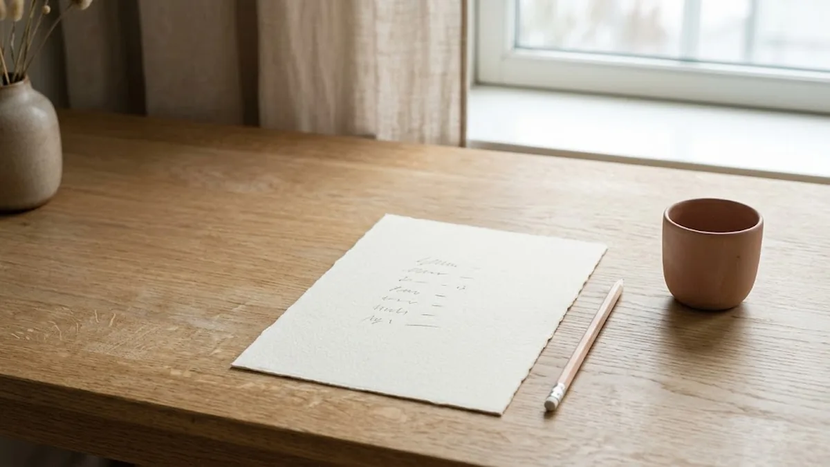 A sheet of handmade paper with a short handwritten list of numbers on an oak desk beside a pencil and a terracotta cup in soft window light, illustrating a weekly KPI scorecard of 5 to 15 numbers