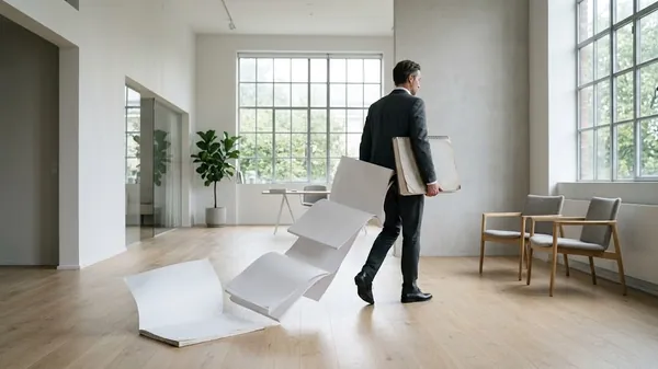 A man in a dark suit walking through a bright empty office carrying a large sketch pad while oversized blank pages trail across the oak floor behind him, illustrating what CEOs bring to coaching