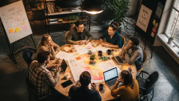 Diverse team collaborating around a round table with laptops and sticky-note plans in a creative office, illustrating executive presence in action